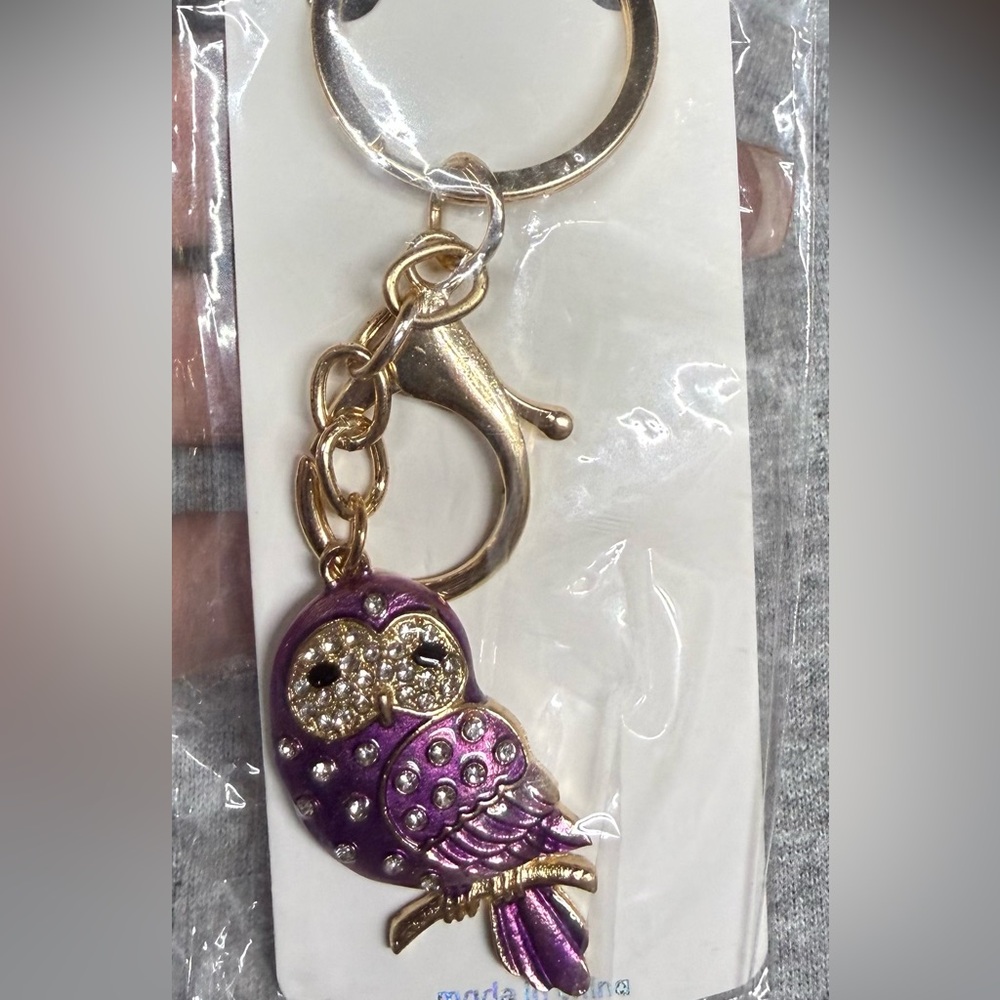 NWT Gold and Purple Owl Bag Charm / Keychain Rhinestone Accessory